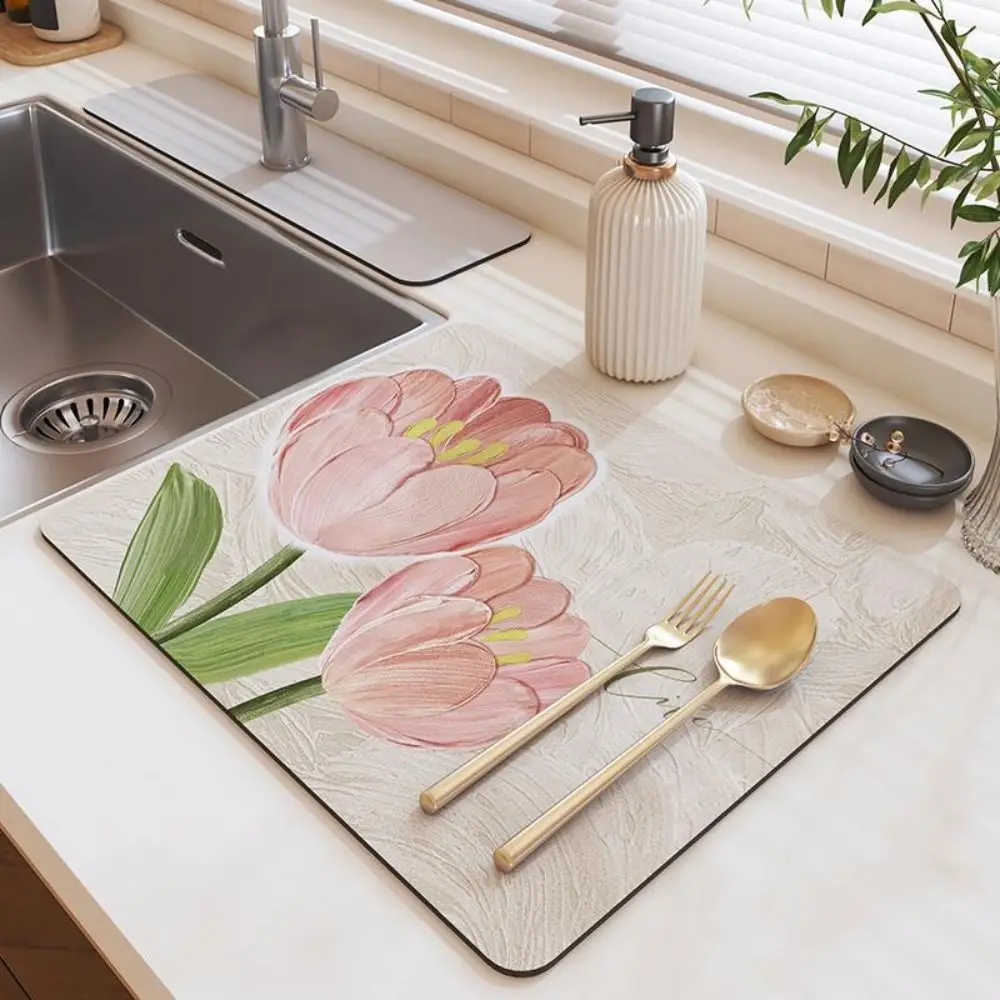 Placemat Super Absorbent Dish Drying Mat Diatomaceous Non-slip Draining Mat Quick Dry Tulip Printed Drain Pad Kitchen