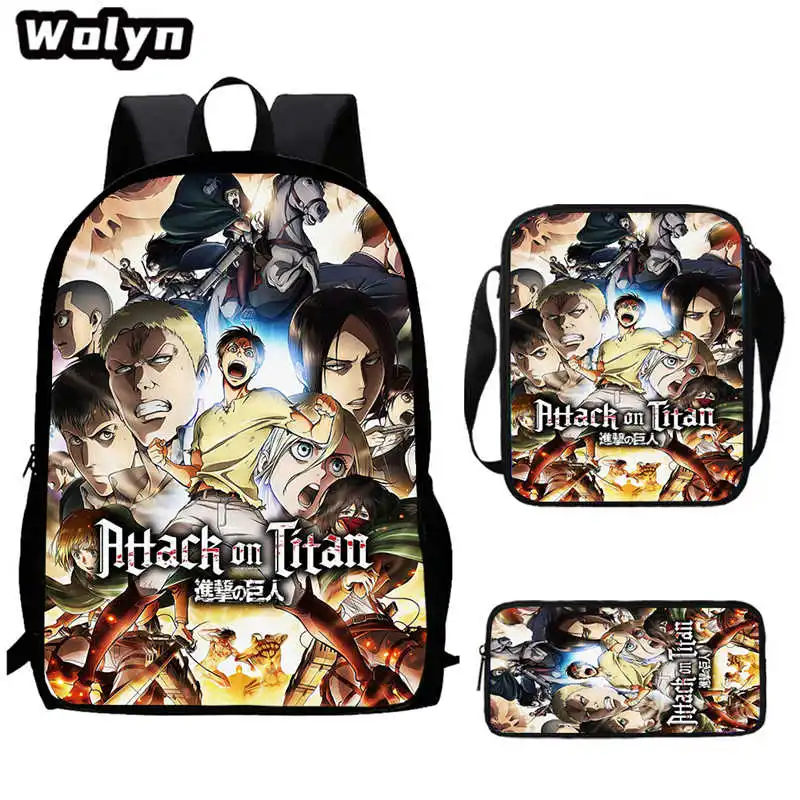 3Pcs Set Attack On Mochila Titan School bags with Shoulder Bag Pencil Bag,Cartoon Anime Children Backpack Travel Bag Boys Girls