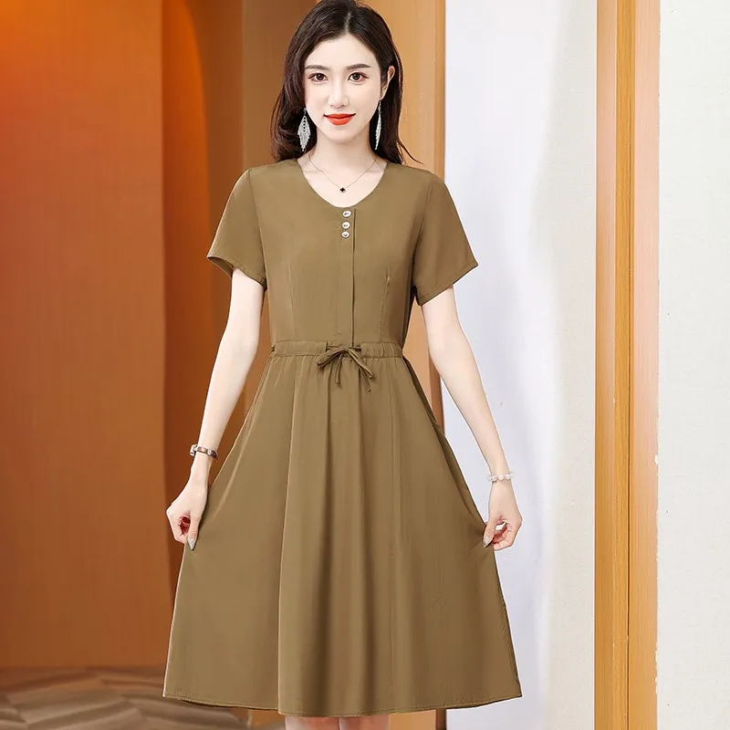 Summer V-neck Dress 2024 New Model For Middle-aged Mothers Aged 40 To 50, High-end Solid Color Waist Up And Belly Covering Skirt