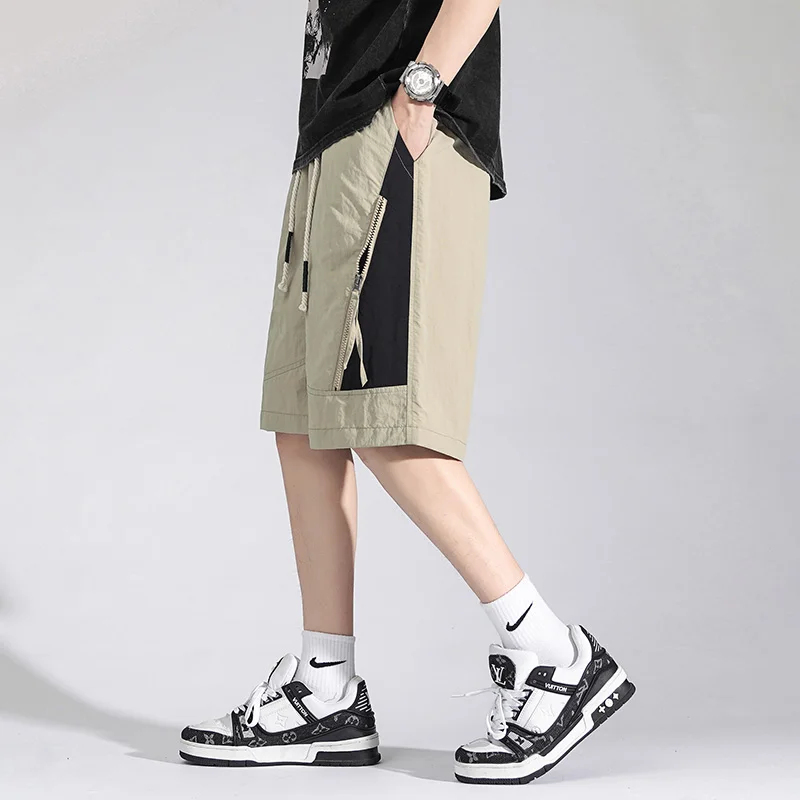 Fashion Spliced Knee Pants Summer New Korean Loose Straight Men\'s Clothing American Retro Elastic Drawstring Basic Casual Shorts