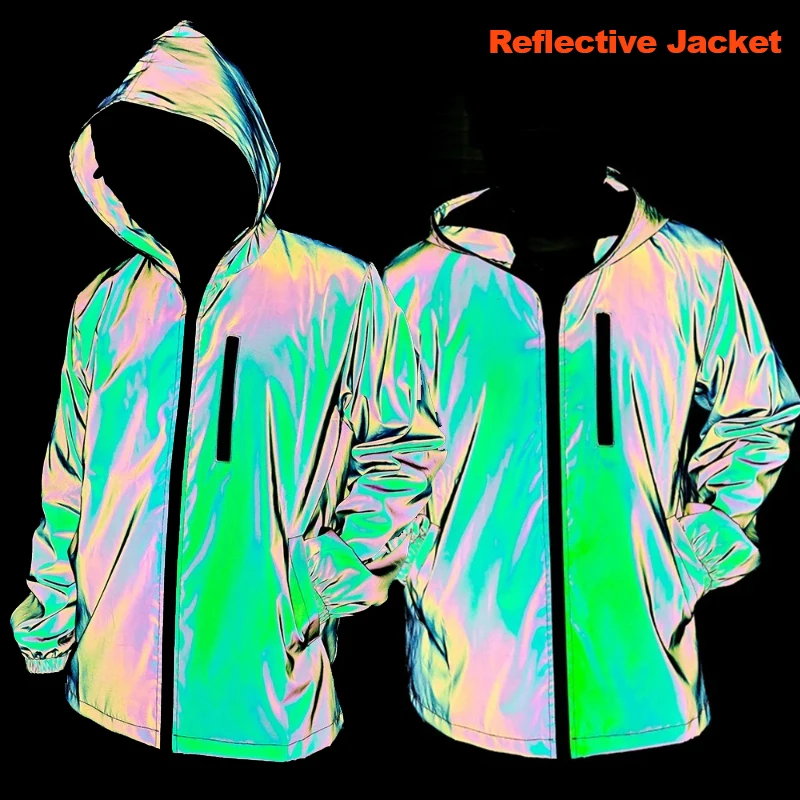 

Mens Night Reflective Jacket Windproof Hooded Coat Safety Couple Clothes Lightweight Outdoor Top Jogging Hip-hop Rock Streetwear