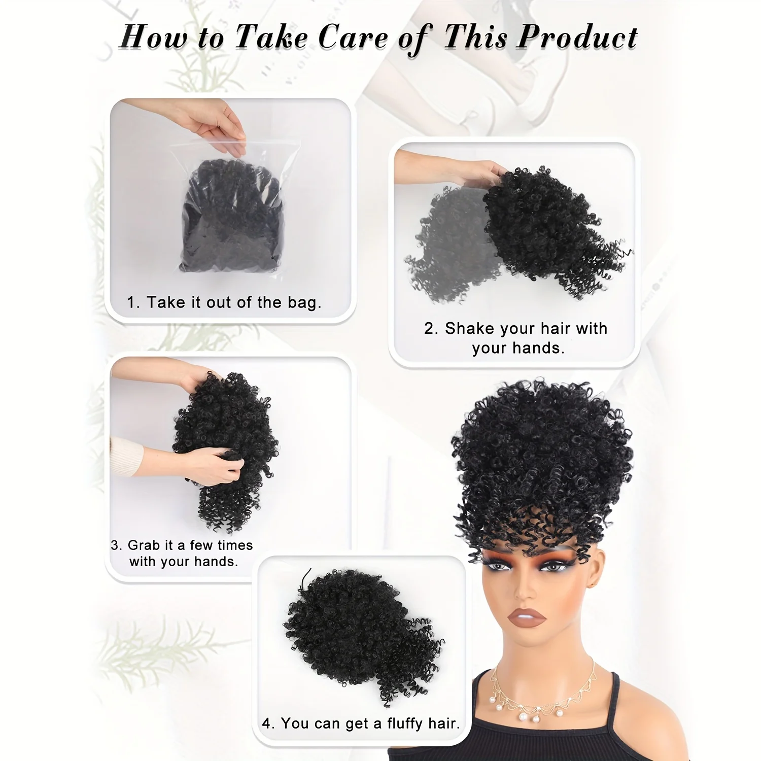 아프로 합성 퍼프 드로스트링 포니테일 붙임머리 앞머리 포함 파인애플 업두 여성용 짧은 곱슬곱슬 포니테일 헤어 번