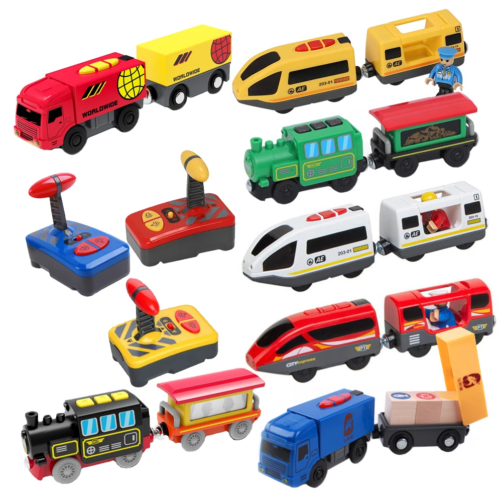 Spedizione gratuita telecomando magnetico treno elettrico compatibile auto giocattolo pista di legno treno per bambini auto pista giocattoli regalo