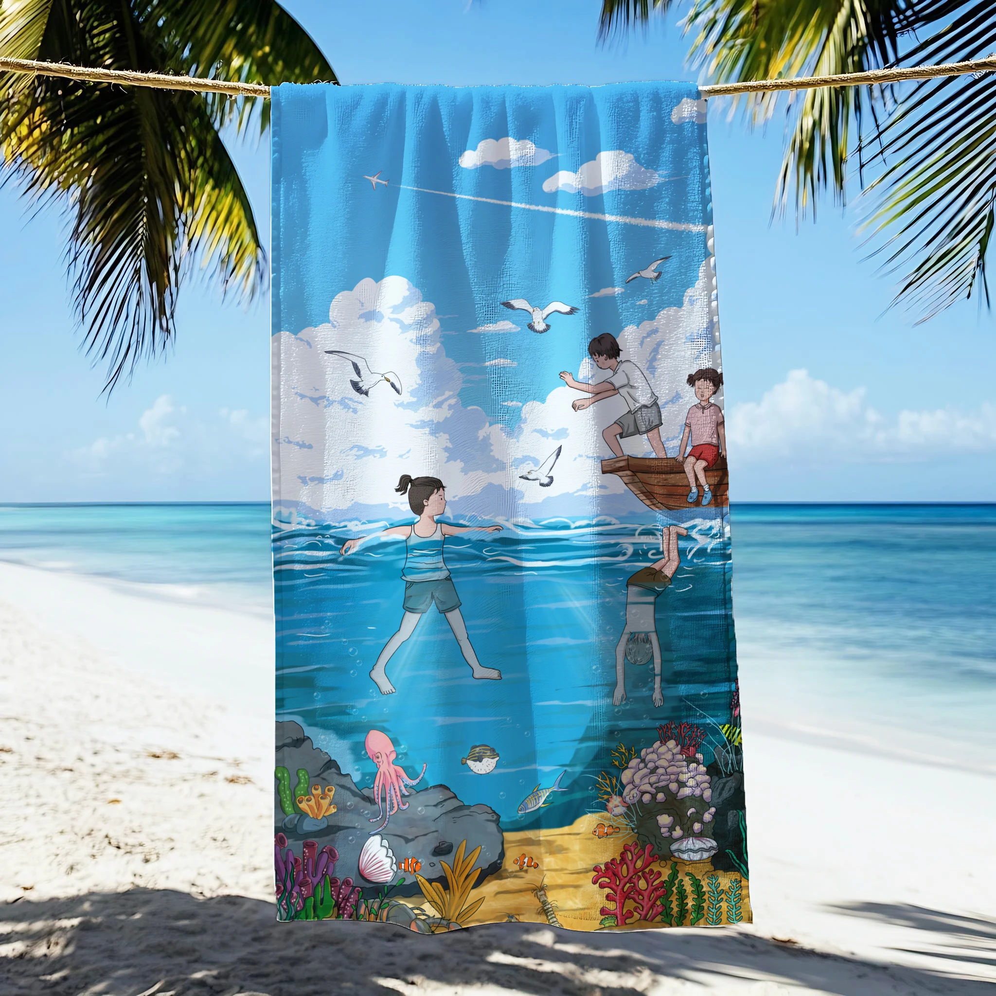Blue Sea Underwater Worlds Soft Printed Flannel Bath Towel Quick Dry Custom Sand Free Beach Yoga Spa Gym Pool For Adults Hotel