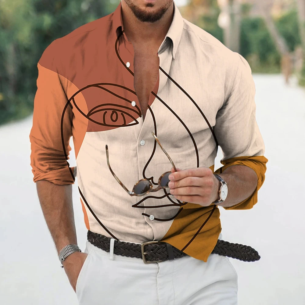 Camisa de Mangas Compridas Masculina e Feminina, Padrões Criativos, Estampado 3D, Moda Casual, Tops de Botão Lapela