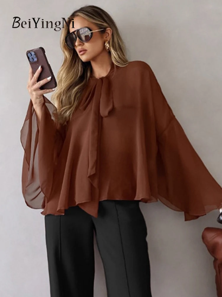 Beiyingni Top in chiffon traspirante allentato Donna 2025 Autunno Semplice Lace-up Francese Marrone Blusas per donna Elegante Pendolarismo OL Camicie