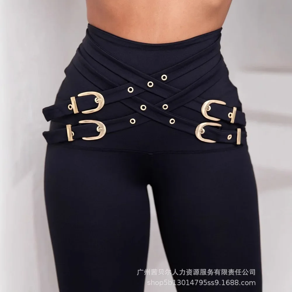 High Waist Skinny Pants Women Criss Cross Buckled Decor Joggers Streetwear Mom Sweatpants Y2k Pants Elegant Sexy Capris