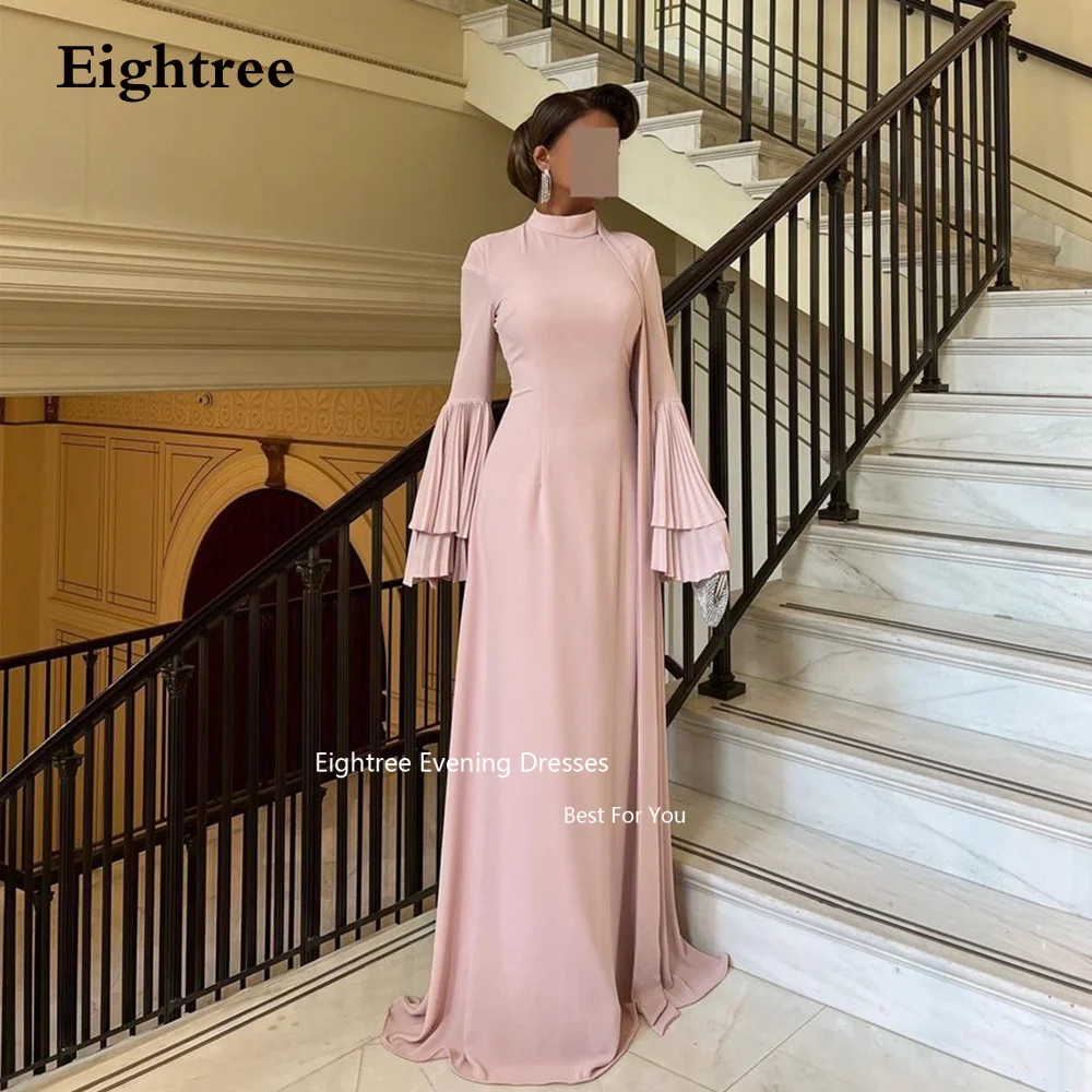 

Eightree Saudi Arabic Evening Dresses Long A Line Satin Full Sleeves Pink O Neck Prom Dresses 2024 Dubai Formal Occasion Dress