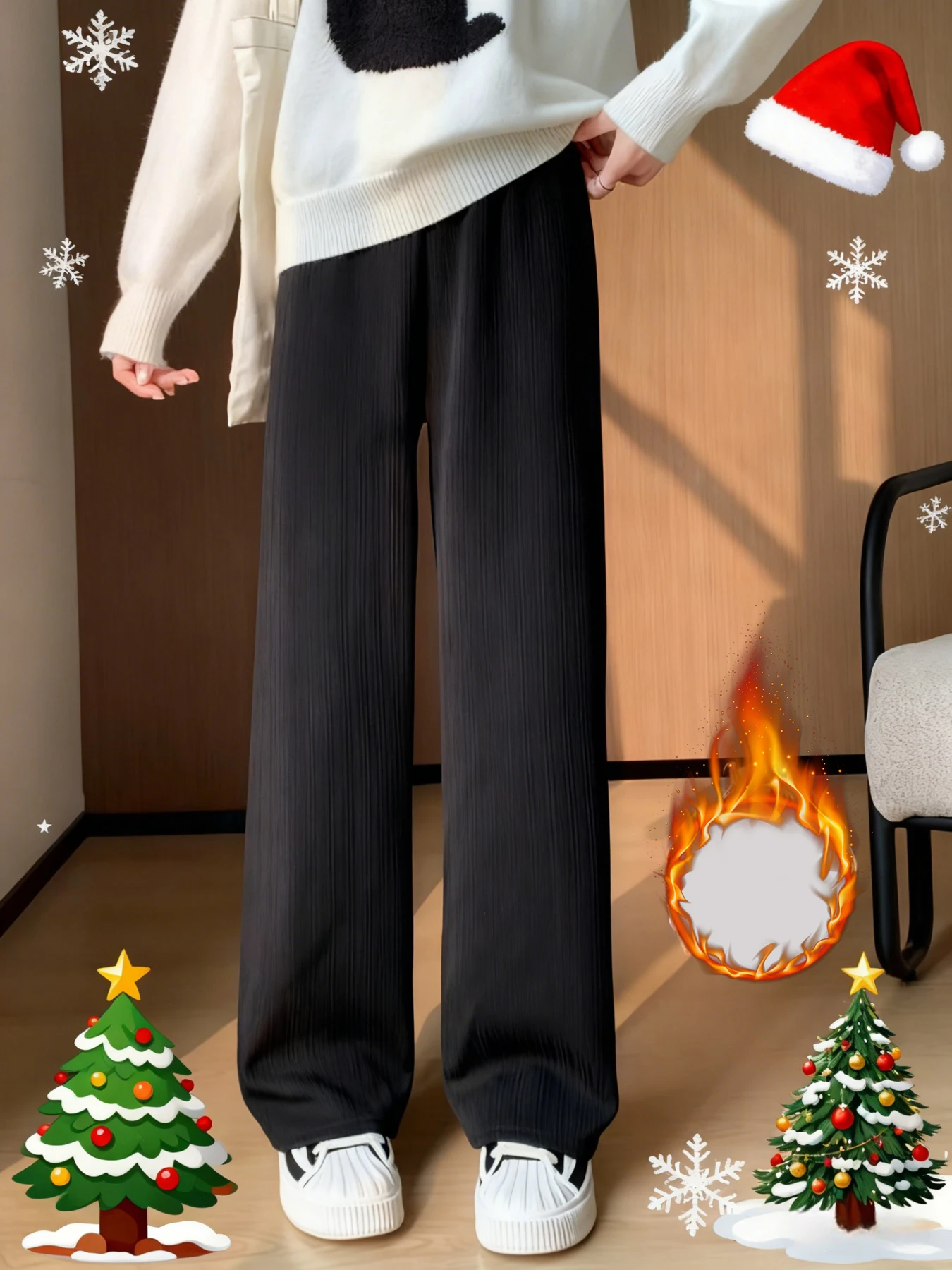 

Wide leg pants for women in autumn and winter, straight leg casual with thick fleece and warm cotton pants for winter outerwear