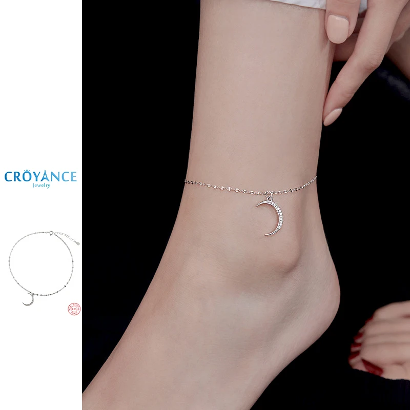 

﻿ Simple Fine Moon Zircon Pendant Anklets For Women 925 Sterling Silver Jewelry Gift Fashion Sexy Beach Rhinestone CZ Foot Chain