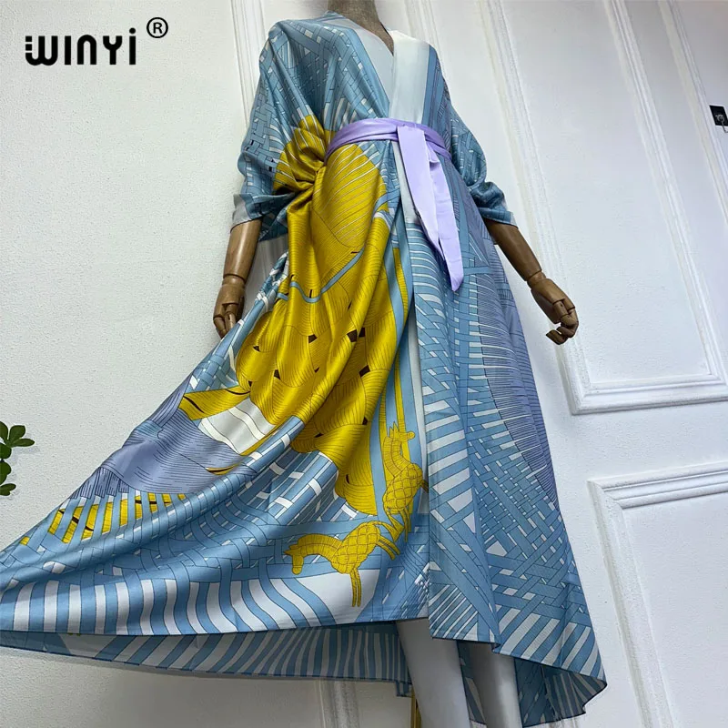 NEW WINYI summer 2024 print Middle east kimono beach cover up dress elegant African women boho Cardigan Holiday maxi abaya