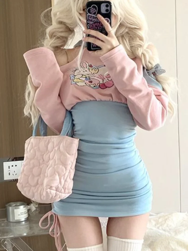 

Summer Japanese Kawaii Cute Dress Women Slim Blue Y2K Sweet Mini Dress Ladies Off Shoulder Patchwork Sexy Chic Dress 2025 New