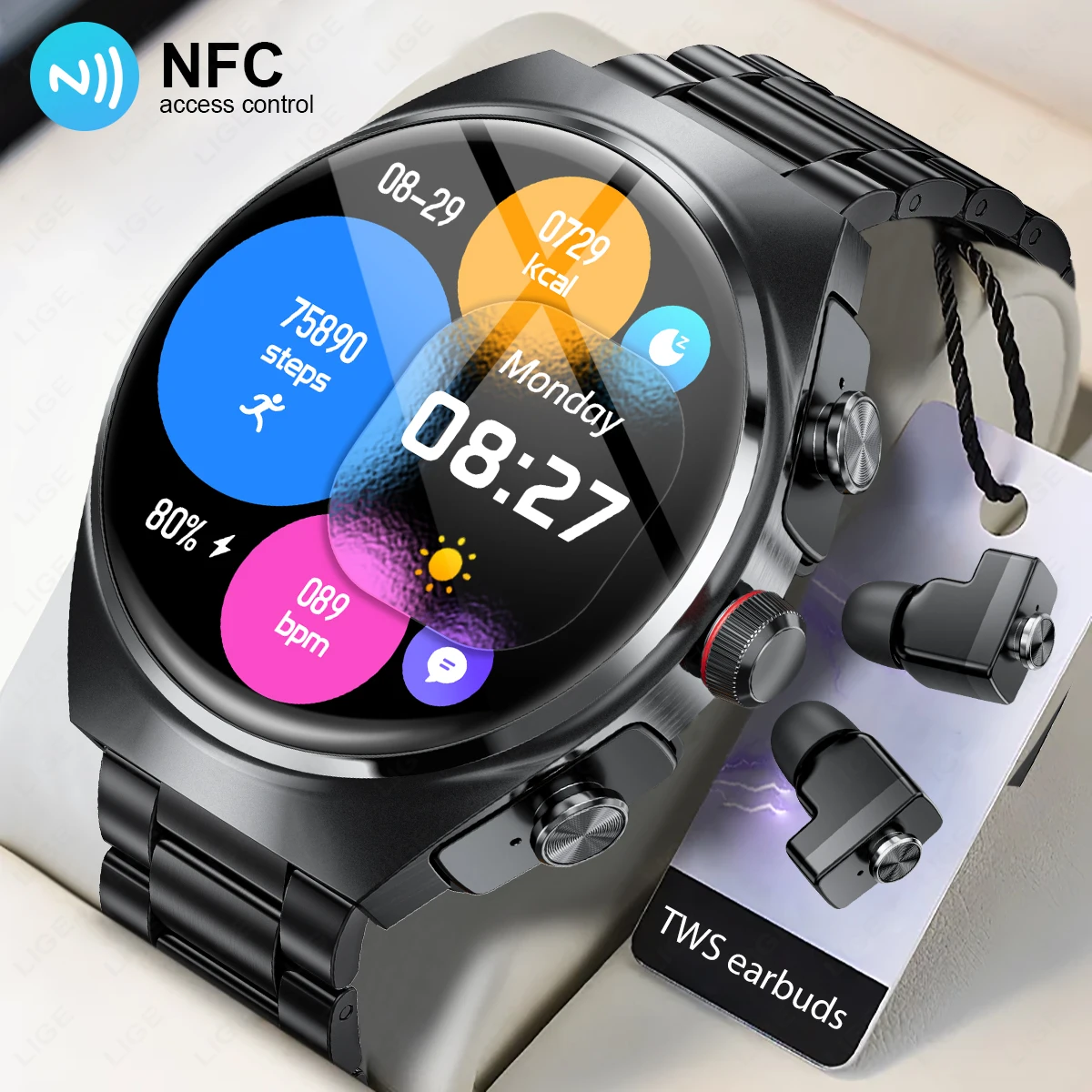 

LIGE Headset Smart Watch TWS 2 In 1 Wireless Bluetooth Headset Call NFC Health Monitoring Sports Music Smartwatch Waterproof