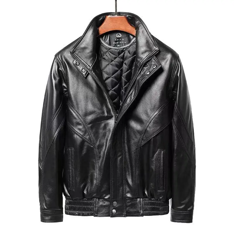 Stand Collar Real Leather Slim Jacket Coat 2024 New Autumn Winter  Men\'s Casual Fashion Trendy    T725