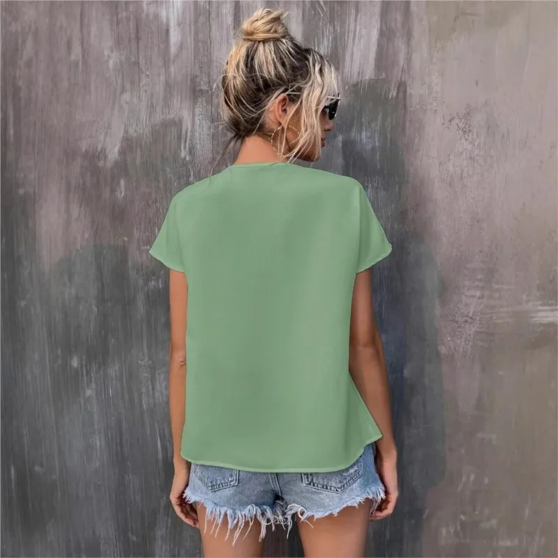 New Fashion Solid Embroidery Short Sleeve Blouse Top Summer Round Neck Tassel Lace Up Shirts Tops Casual Loose Shirt For Women