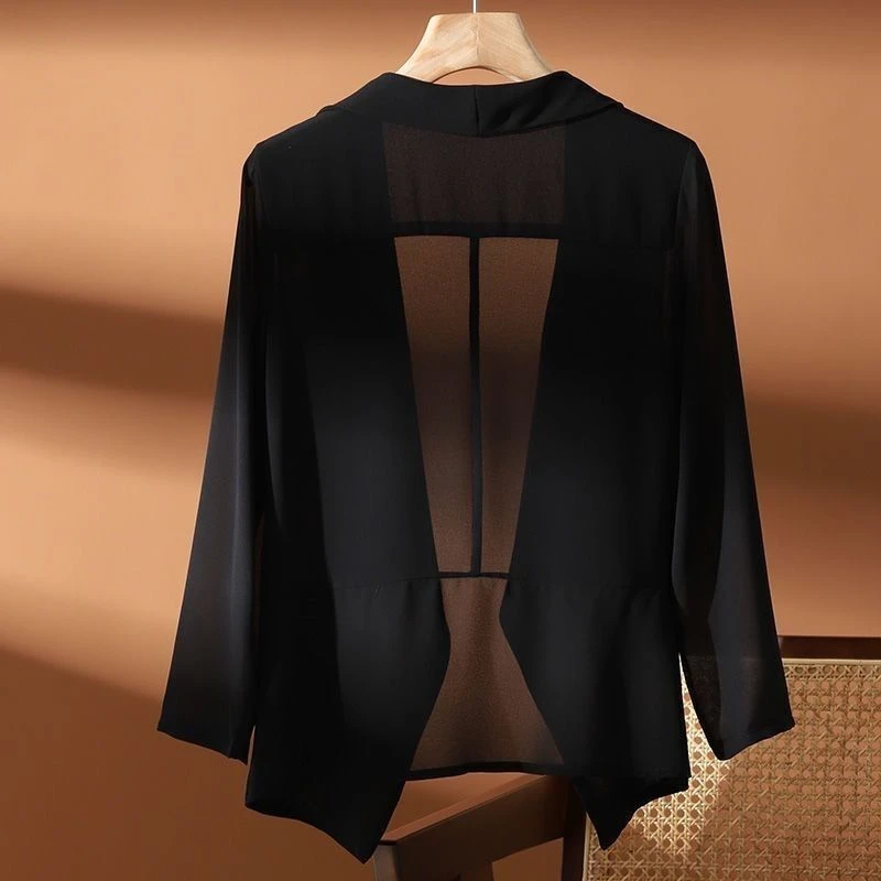 #3512 Black White See Through Chiffon Jacket Women Thin Sexy Short Sunscreen Coat Ladies Asymmetrical Kimono Jacket Cardigan