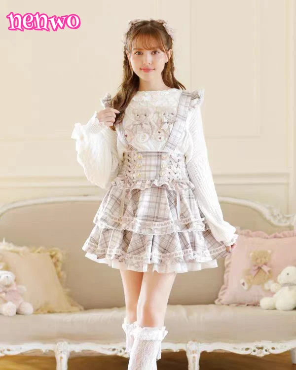 

Skirt Original Japanese Mines Lolita Strap Skirts Women High Waist and Thin Frilly Pleated College Style Liz Girl Plaid Skirt
