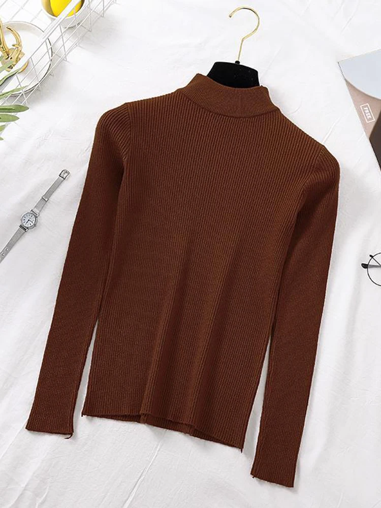 2024 Autumn Winter Women Pullover Sweater Fashion Half Turtleneck Knitted Female Jumper Long Sleeve Winter Soft Elastic Tops