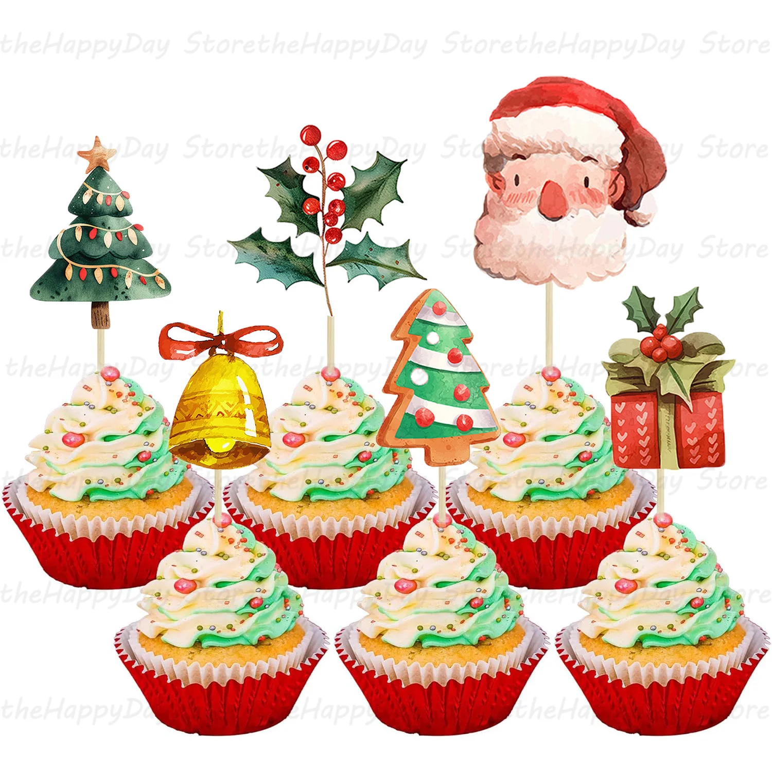 11pcs Christmas Cake Toppers Christmas Tree Snowman Santa Claus Cupcake Topper for Birthday New Year Christmas Party Decoration