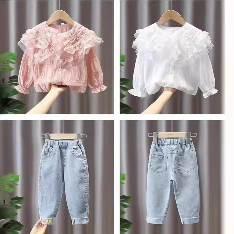 Kleinkind Mädchen Kleidungssets 2026 Herbst Kinder Spitzen-Rüschenkragen Langarm-Oberteil+Jeans 2-teiliges Set Süßes Prinzessinnen-Freizeitoutfit – Detail 5