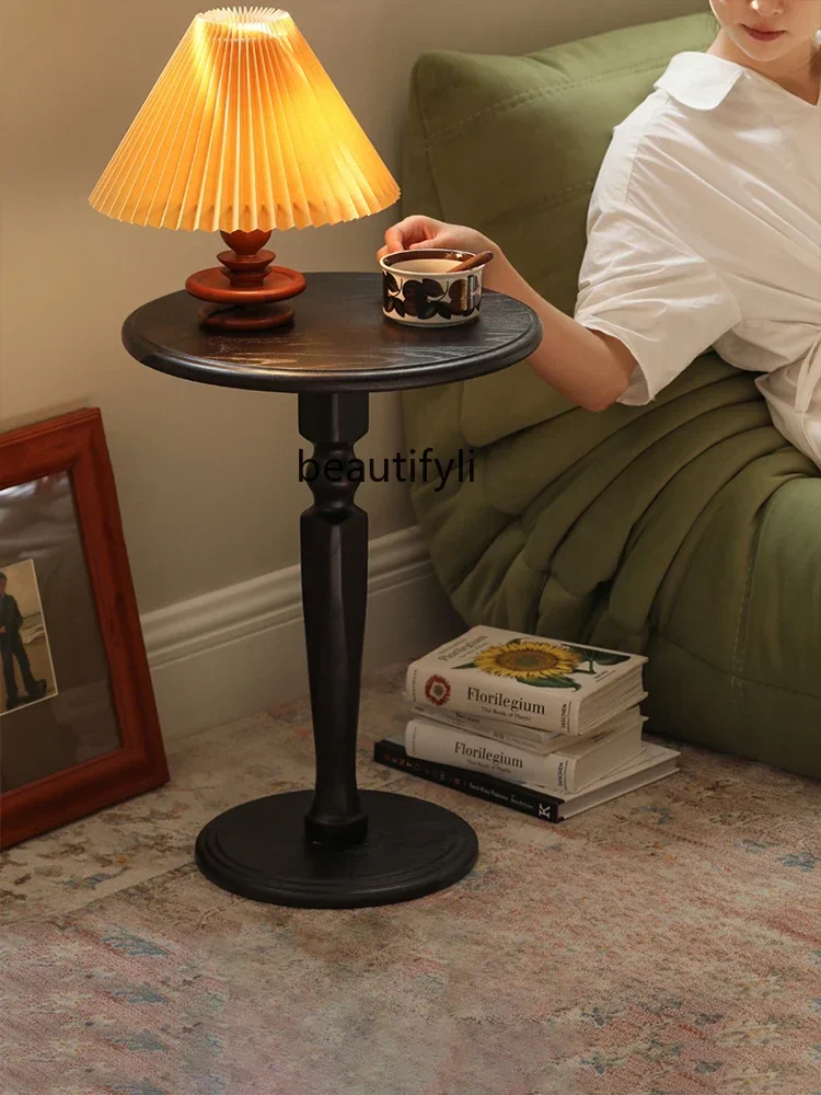 E153  American Retro Solid Wood Side Table round Coffee Table Black Misty Style Coffee  Small round Table Small Apartment Corner