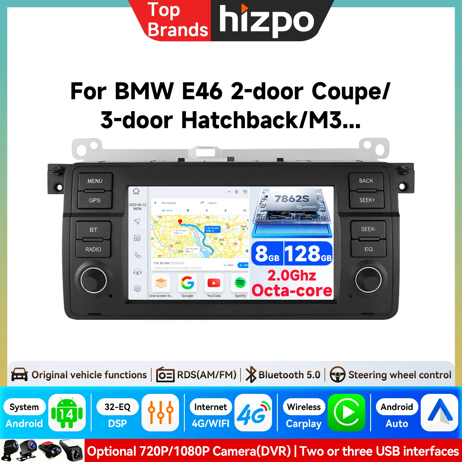 Hizpo 7-Zoll Intelligenter Bildschirm CarPlay Android Auto Autoradio für BMW E46 M3 318 320 325 330 335 GPS Stereo Multimedia WiFi 4G RDS