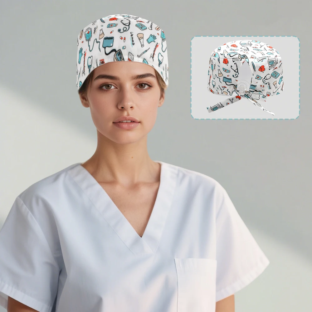 Print Medical Scrub Caps Surgical Caps for Long Hair Operating Room Headwear Pet Clinic Work Hat Doctor Nurses Dentist Caps F