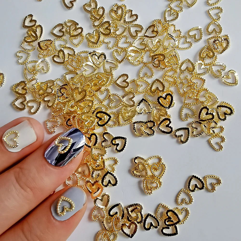 

30 pcs Heart Shaped Alloy Nail Art Charms Champagne Gold Silver Metal Nail Studs DIY Nail Decoration Accessories