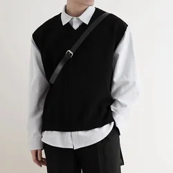 2024 Early Autumn Simple Black V-neck Knitted Sweater Vest for Men Classic Fashion Harajuku Loose Casual All-match Inner Vest