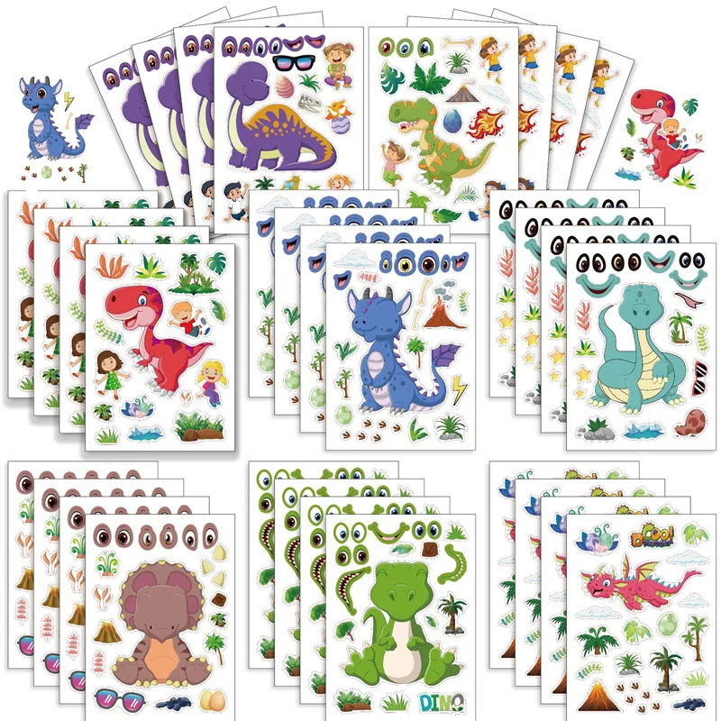 6-24 arkusze naklejki dinozaurów wielokrotnego użytku zrób twarz dinozaura naklejki dla dzieci dekoracje na imprezę urodzinową dzieci Puzzle DIY zabawki