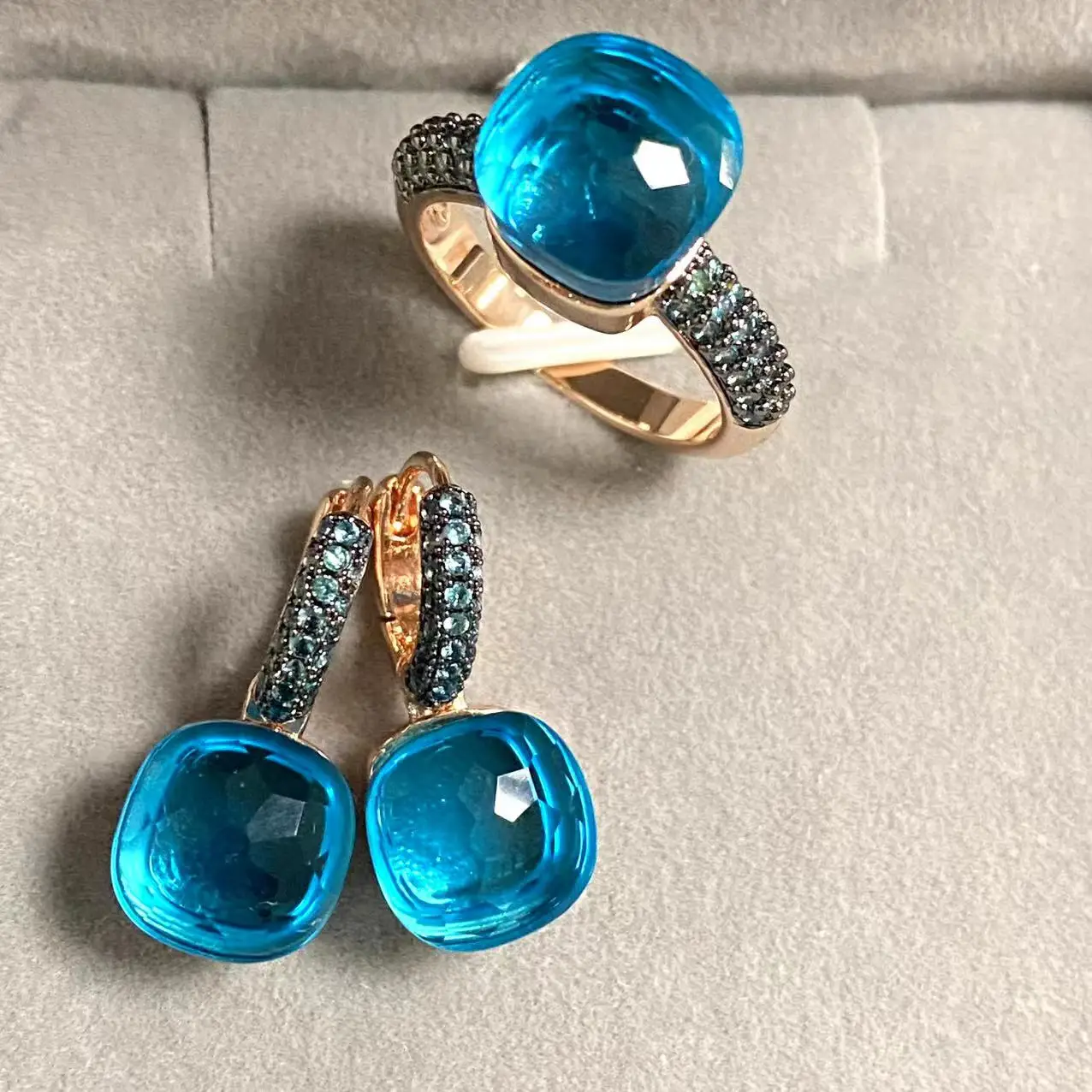 

2Pcs/Set Classic Jewelry Set Ring Earrings Inlay Blue Topaz Zircon With Black Gun Plated 34Colors Candy Crystal Jewelry Set