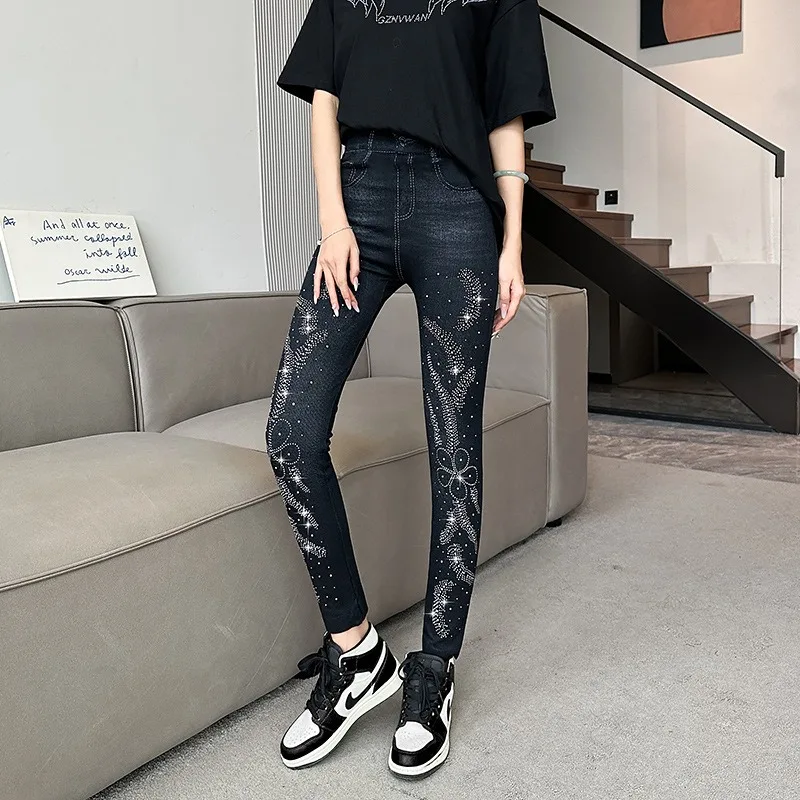 Fashion Black Rhinestone Leggings Women Stretchy Skinny Casul Pants Outdoor Wearling Jogging Walking Small Feet Cropped Pants