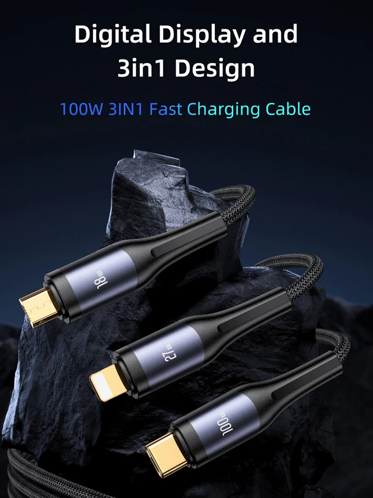 

3-in-1 digital charging cable 100W one drag three fast charging data cable Lightning/Type-C/Micro suitable for various devices