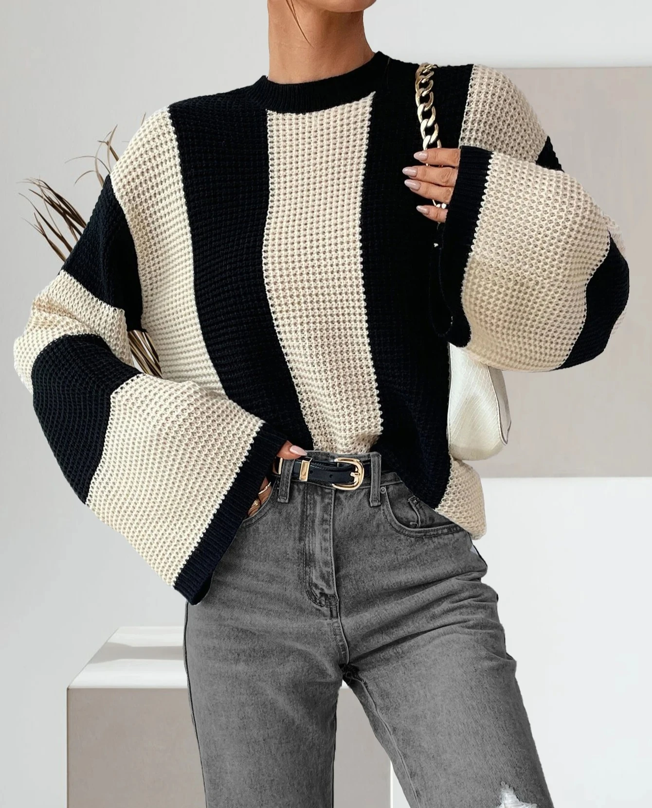 

Women's Colorblock Drop Shoulder Knit TopCasual Long Sleeve Round Neck Knitwear for Spring and Fall