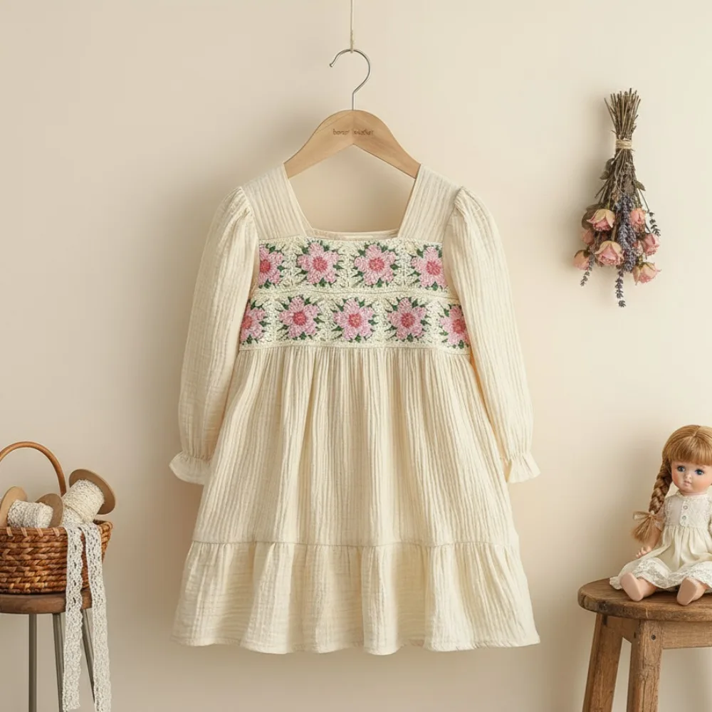 

Autumn New Sweet and Cute Square Neck Flower Embroidered Beige Long Sleeved Dress for Girls Aged 3-7 Daily Wear