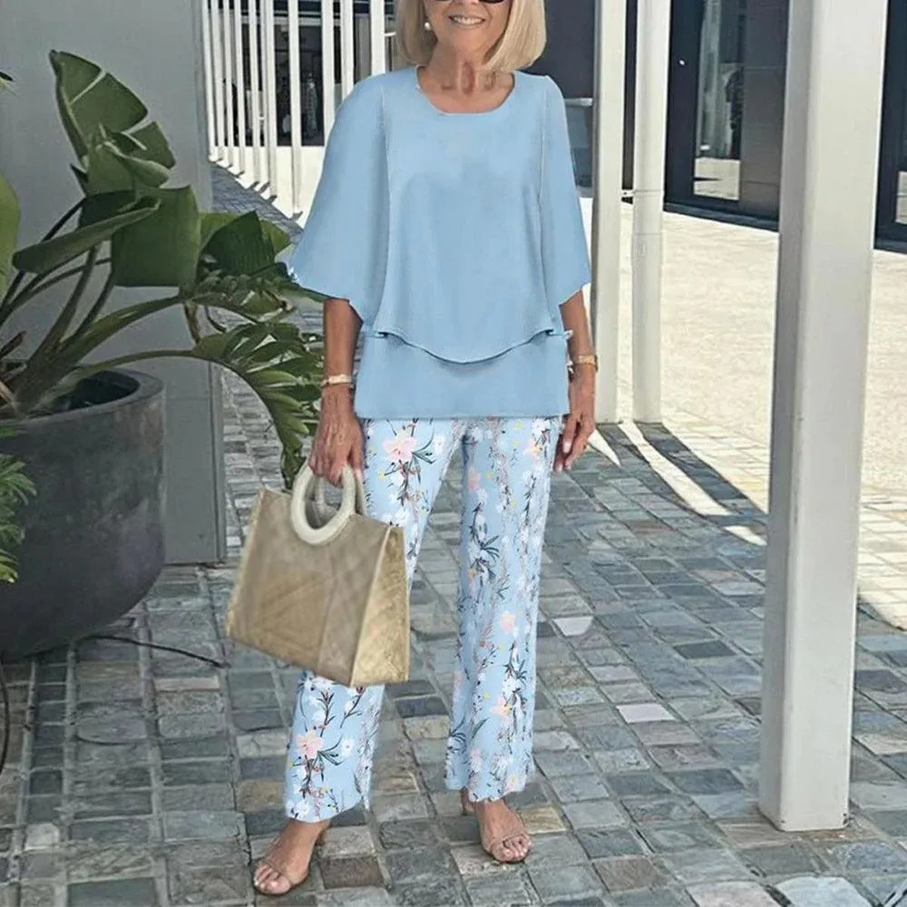Fashion Commuter Two Piece Set Loose Solid Color O-neck Asymmetrical Bat Sleeve Spliced ​​Pullover Printed Trousers Set Women