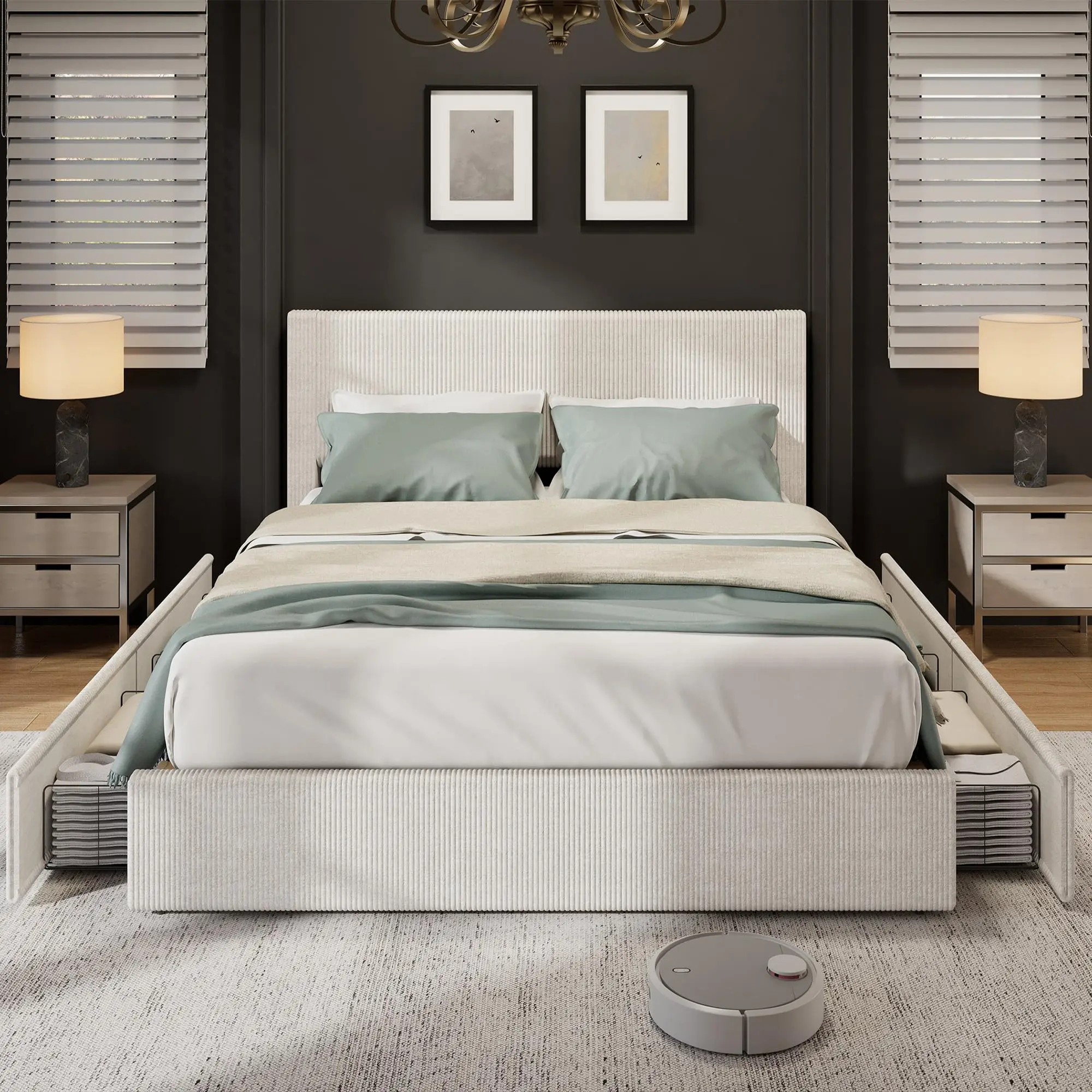 Corduroy Bed Frame with Headboard, Platform Upholstered Bed Frame with 4 Storage Drawers and Wooden Slats Support, No Box Spring Needed, Full/Queen/King
