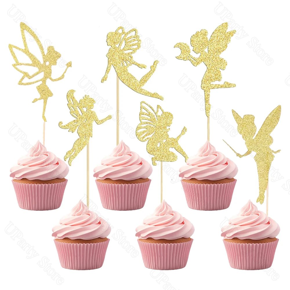 24/36Pcs Glitter Gold Fairy Cupcake Toppers Ballet Angel Floral Fairy Cupcake Topper for Birthday Bridal Baby Shower Cake Decor