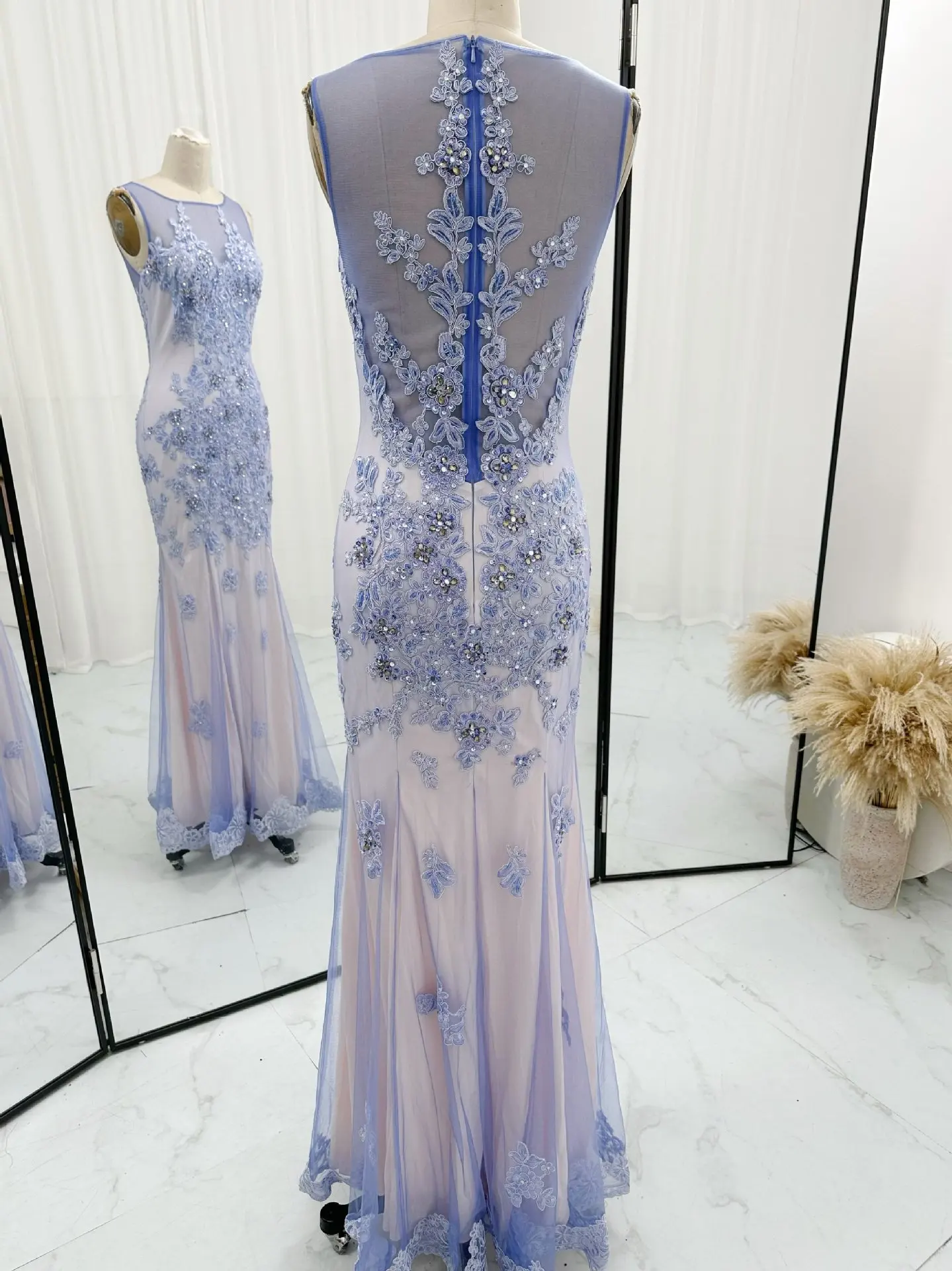 Light Purple High -End Sexy Sleeveless Diamond Jewelry Waist Waist Thin Net Gauze Evening Dress M1465