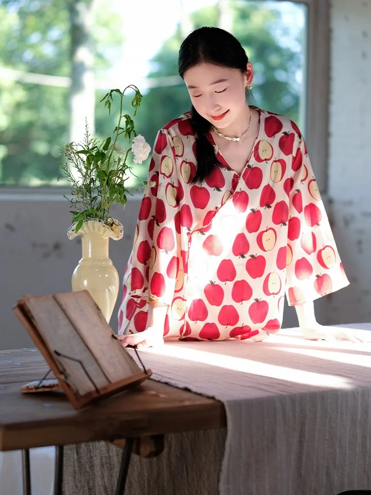 

Artistic Vintage Chinese Sle irt Seven Sve Printed Commute Top Original Design Summer Silk V-ne Women's irt