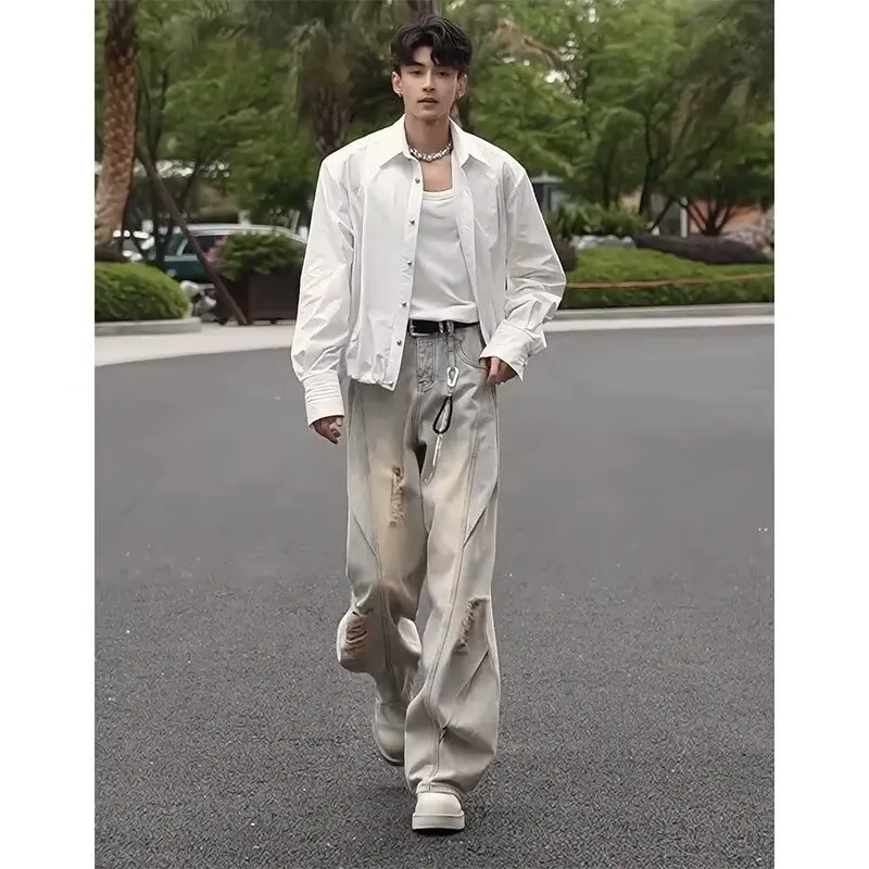 

American scimitar ripped jeans men's summer loose straight slimming wide-leg pants washed and used casual trousers