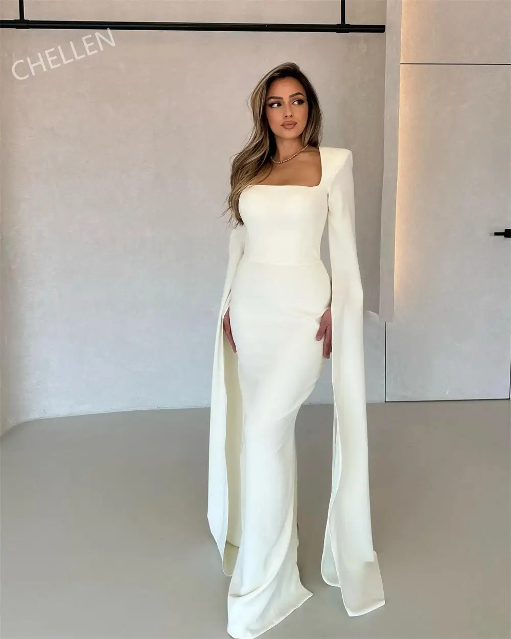 

Customized White Mermaid Square Collar Simple Prom Dresses Long Sleeve Vestidos De Noche Floor-Length Formal Evening Dress 2025