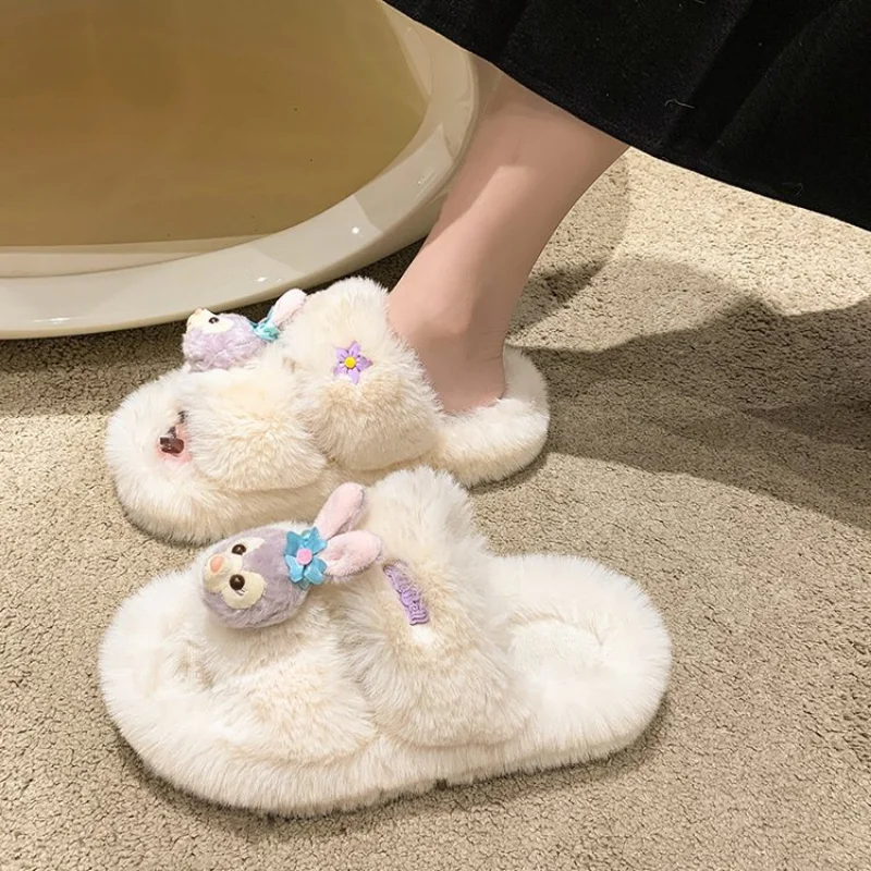 Disney autumn and winter star Dailu cute warm home women's shoes cartoon non-slip thick-soled plush toe cotton slippers