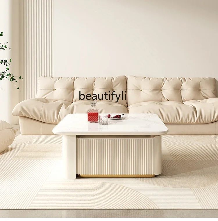 

Cream Style Tea Table Modern Minimalist Living Room Home Retractable Square Stone Plate Tea Table Combination
