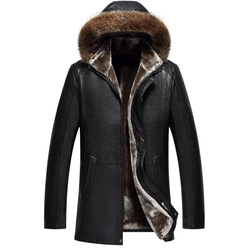 Men's Genuine Leather Jacket Winter Hooded Raccoon Fur Collar Medium Long Jacket Men Fur Leather Coat Man Sheepskin Men Overcoat