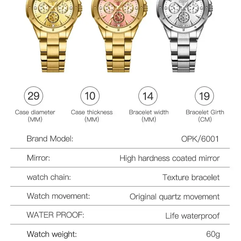 OPK 6001 Wristwatch for Women Fashion Trends Stainless steel Strap Waterproof   Full Gold Watches