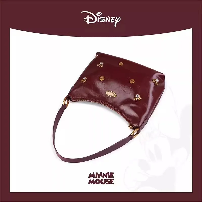 Disney Minnie Cherries Red Oil Wax Leather Underarm Bag Diamond Inlaid Tote Bag Fashionable Shoulder Bag For Commuting Women Bag