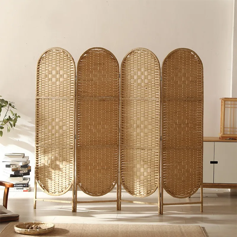 Manufacturer wholesale Korean solid wood frame foldable mobile paper rope woven home hotel office screen partition Xuan