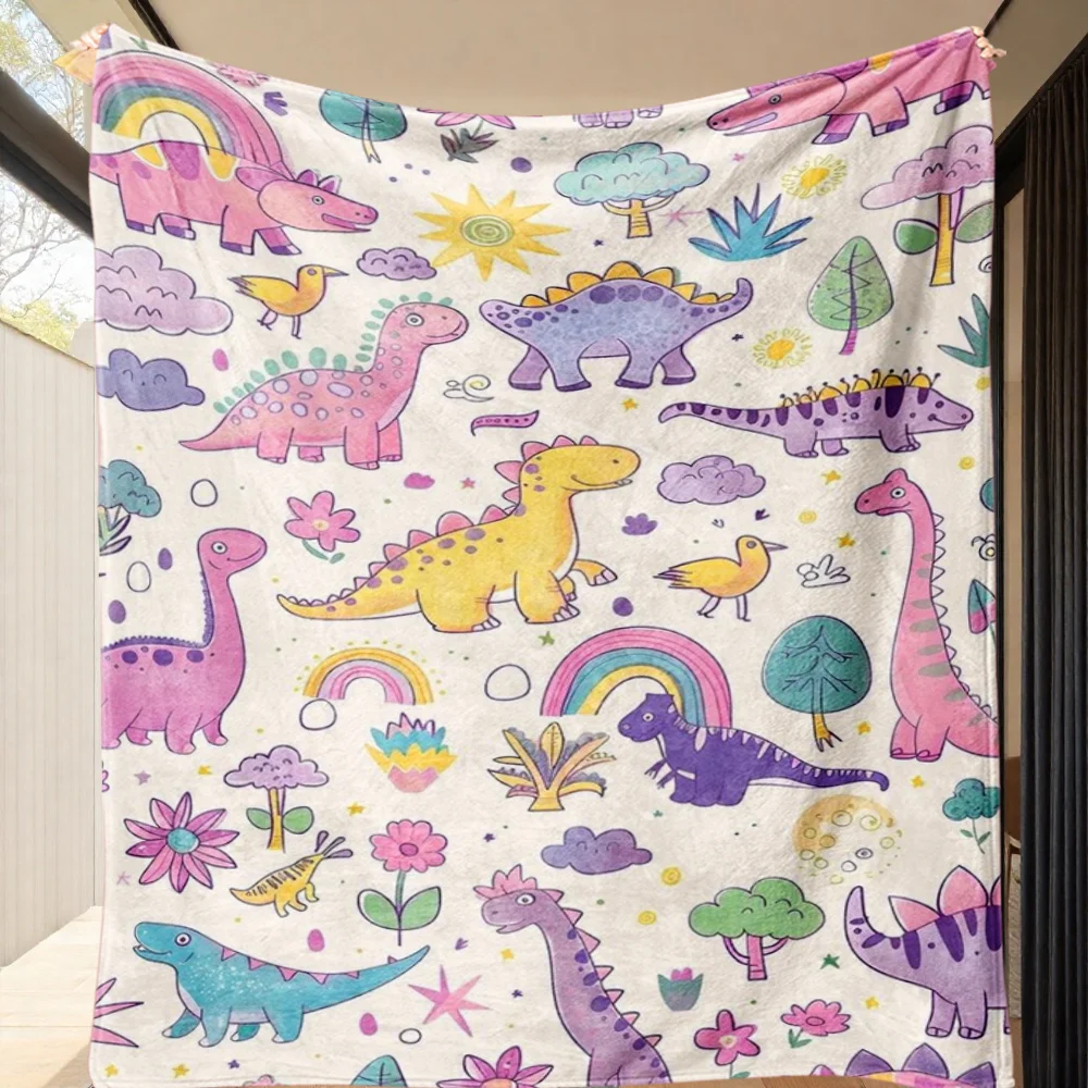 White Background Cute Pastel Cartoon Dinosaur Rainbow Tree Floral Repeat Print Warm Blanket Bedroom Sofa Camping Home Leisure