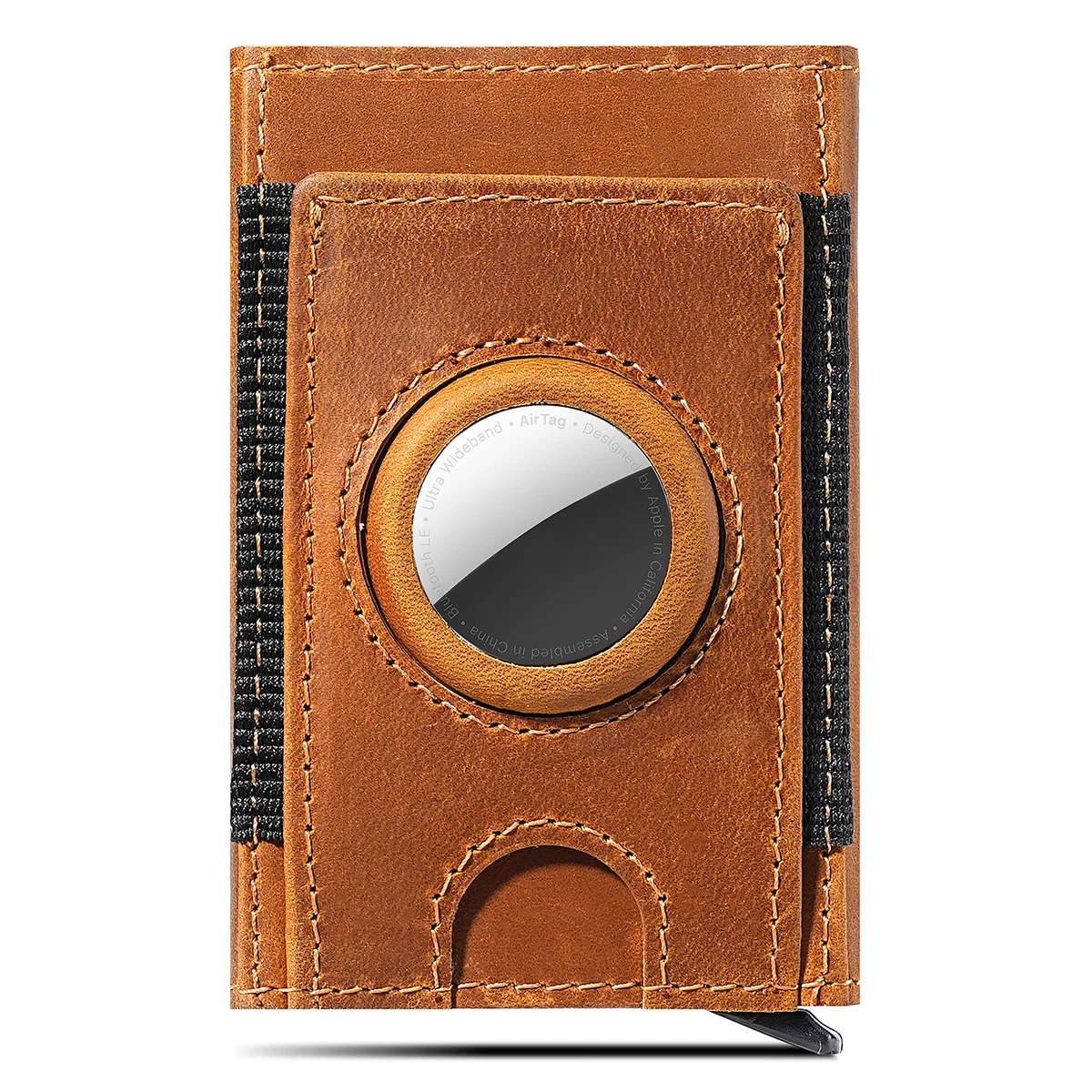 Vintage Genuine Leather Card Wallet with AirTag Slot, RFID Blocking Pop-Up Card Holder with Clear ID Window for Men
